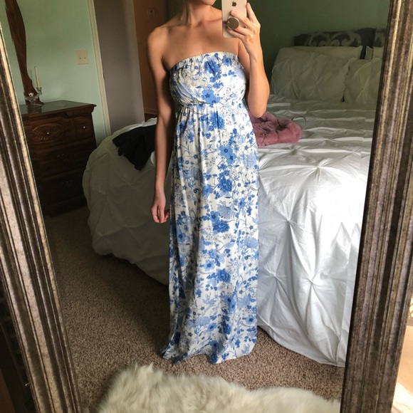Blue Floral Strapless Maxi Dress - Picture 2 of 5